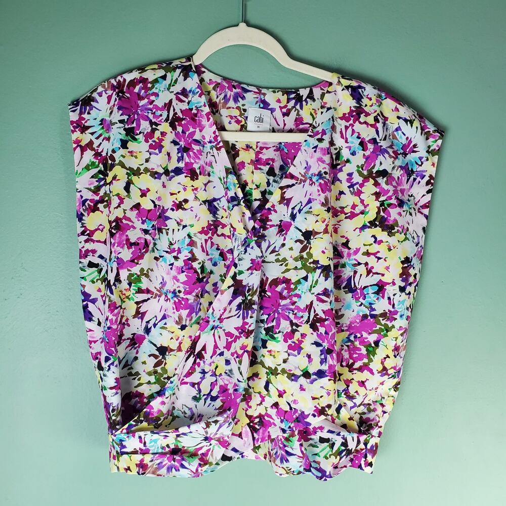 Cabi Womens Eden Floral Top Multicolor Blouse Faux Wrap Spring Size Medium